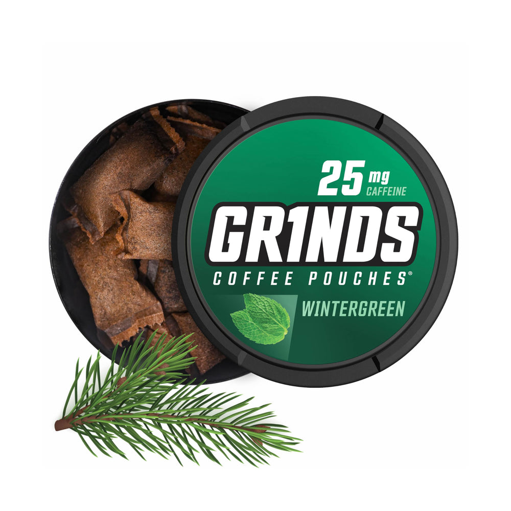 GRINDS Wintergreen 10-pack can label for on-the-go energy.