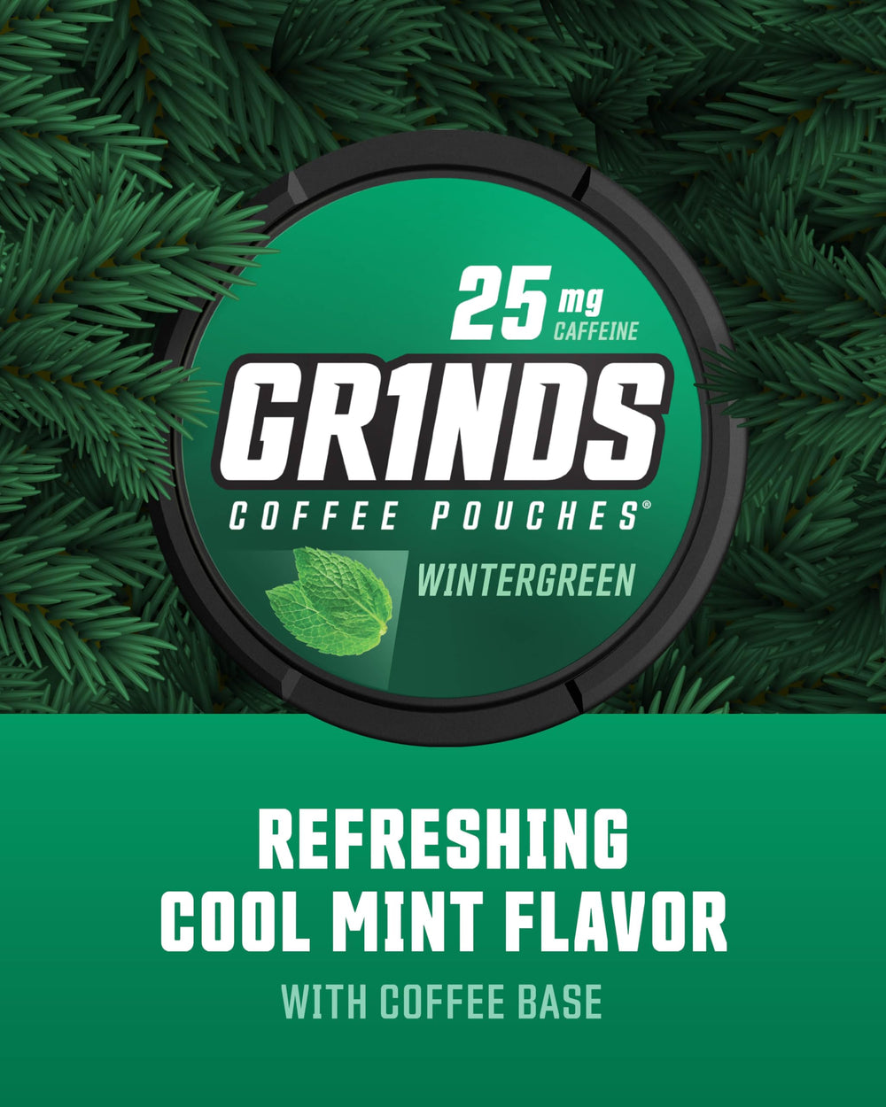 GRINDS Wintergreen moisture-lock pouch seal close-up shows durable, mess-free use