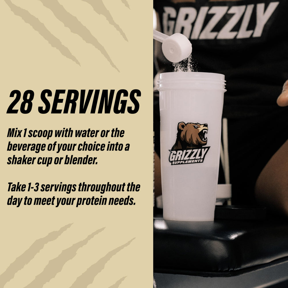 Grizzly Whey Isolate vanilla label closeup shows 25 g protein per serving