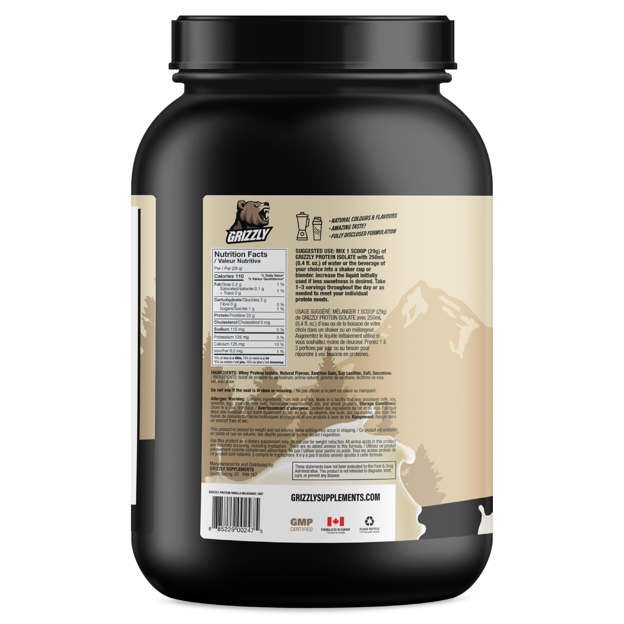 Grizzly Whey Isolate vanilla nutrition facts label for macros tracking
