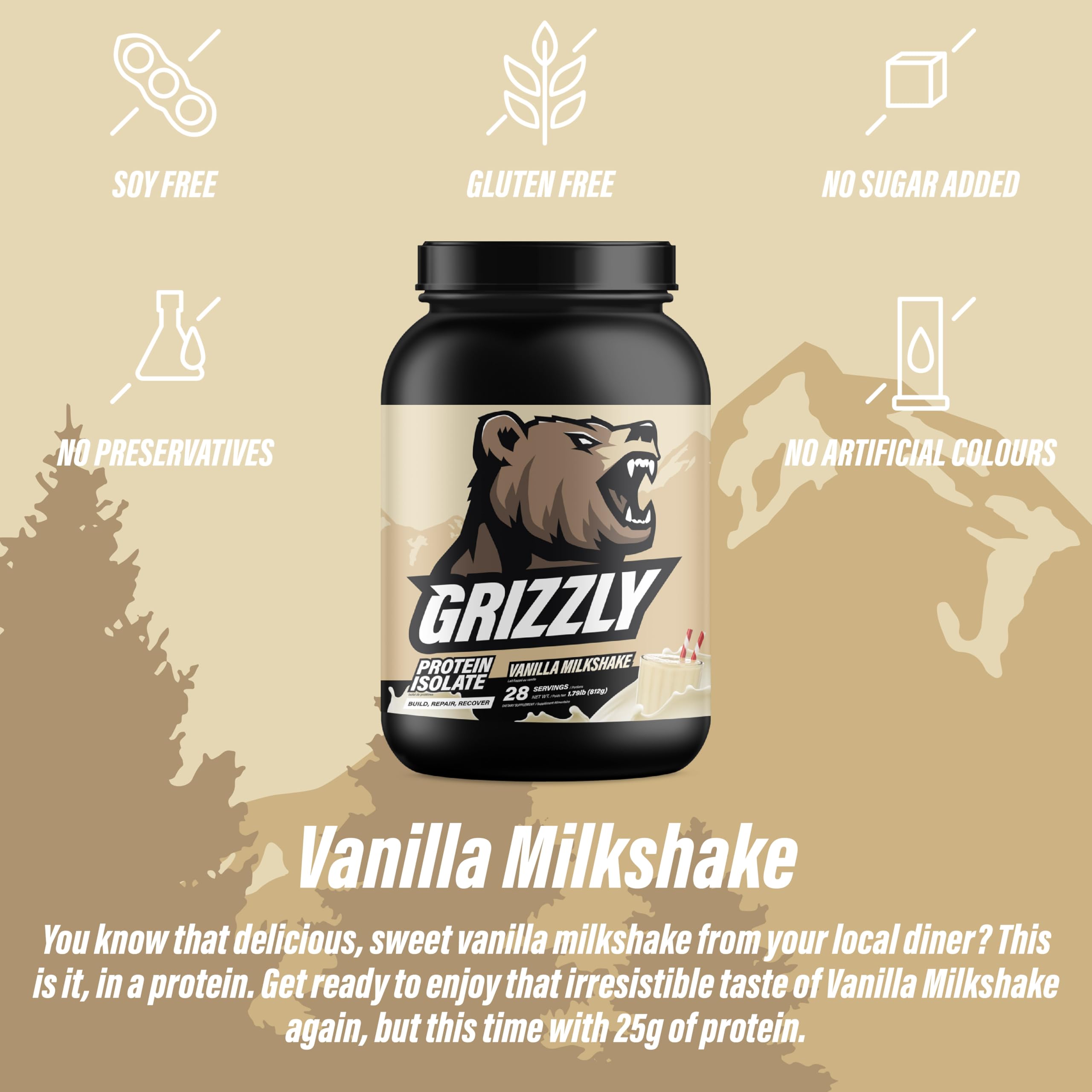 Grizzly Whey Isolate vanilla packaging emphasizes clean ingredients with no artificial flavors