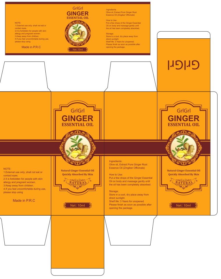 GrlGrl Ginger essential oil packaging shows compact 10ml bottle.