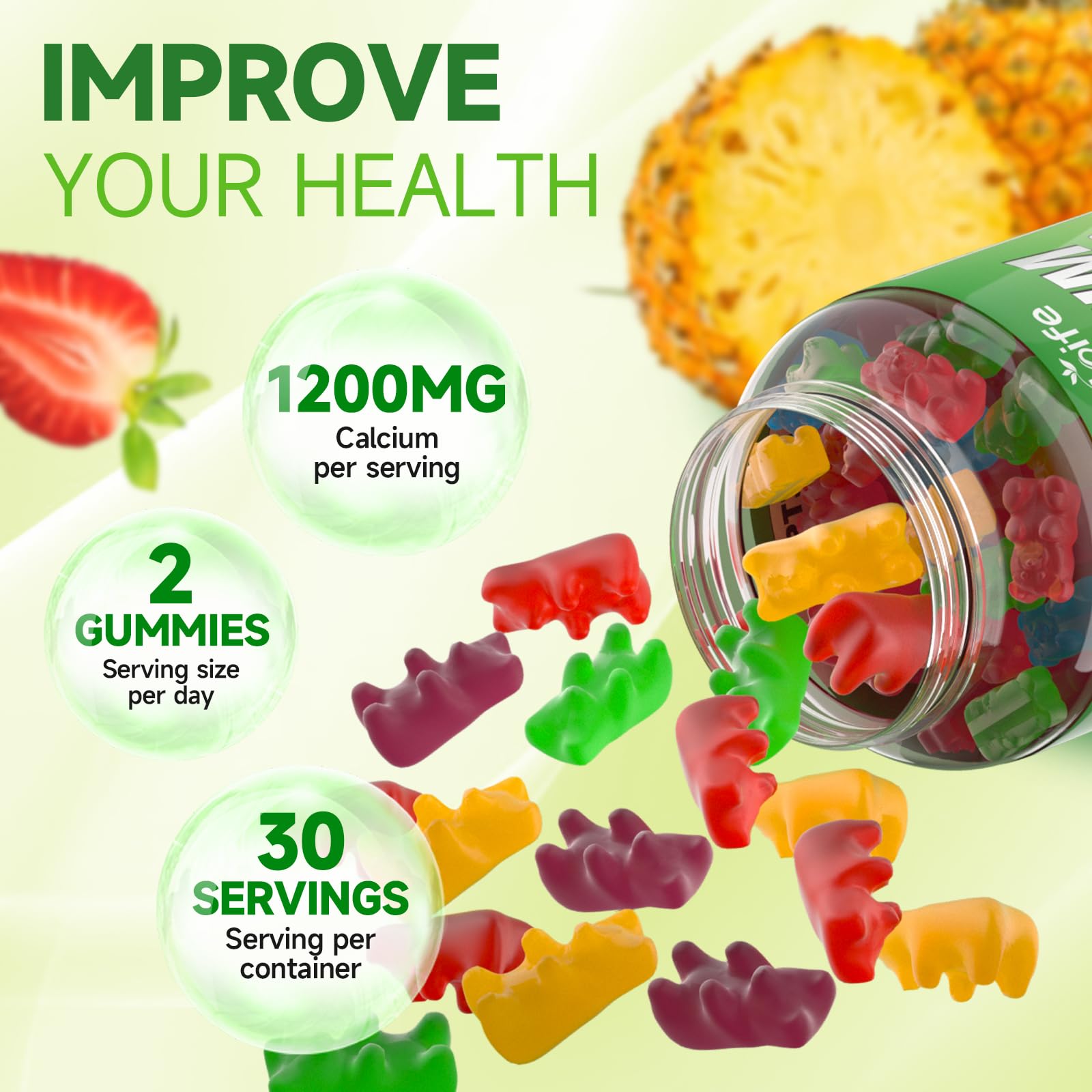 GrnLife calcium gummies with D3 K2 B12 icon signaling full-spectrum support.