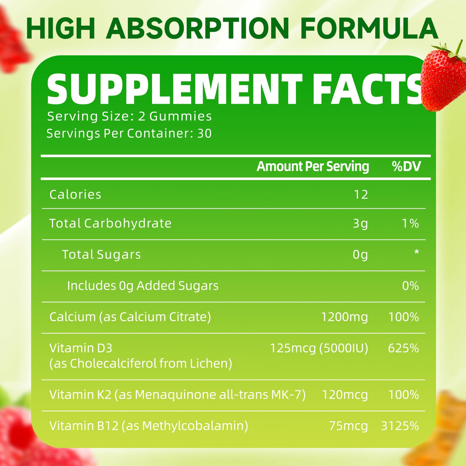 GrnLife calcium gummies close-up showing tasty, high-absorption formula.