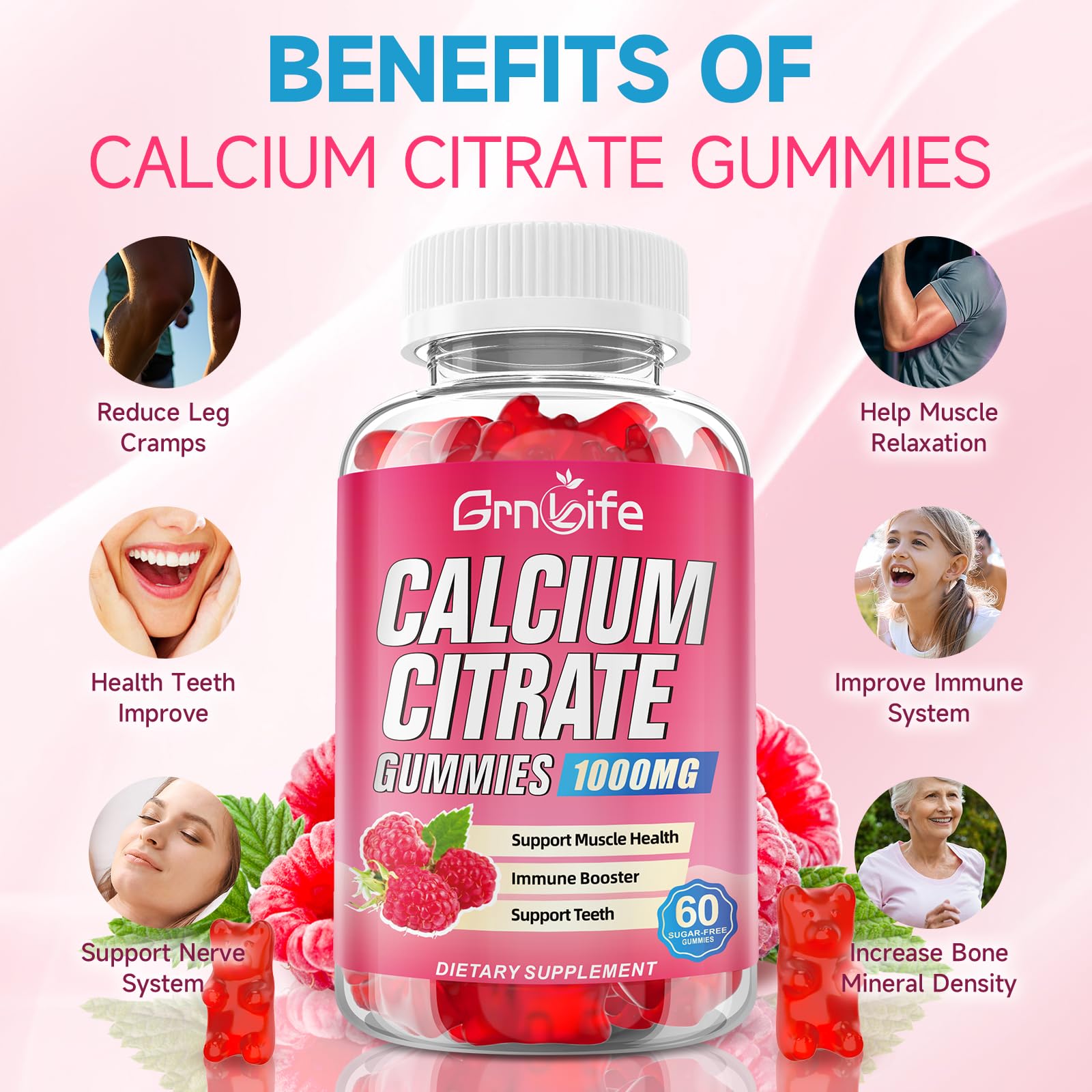 GrnLife calcium citrate gummies 60-count bottle emphasizing convenient daily supplement.