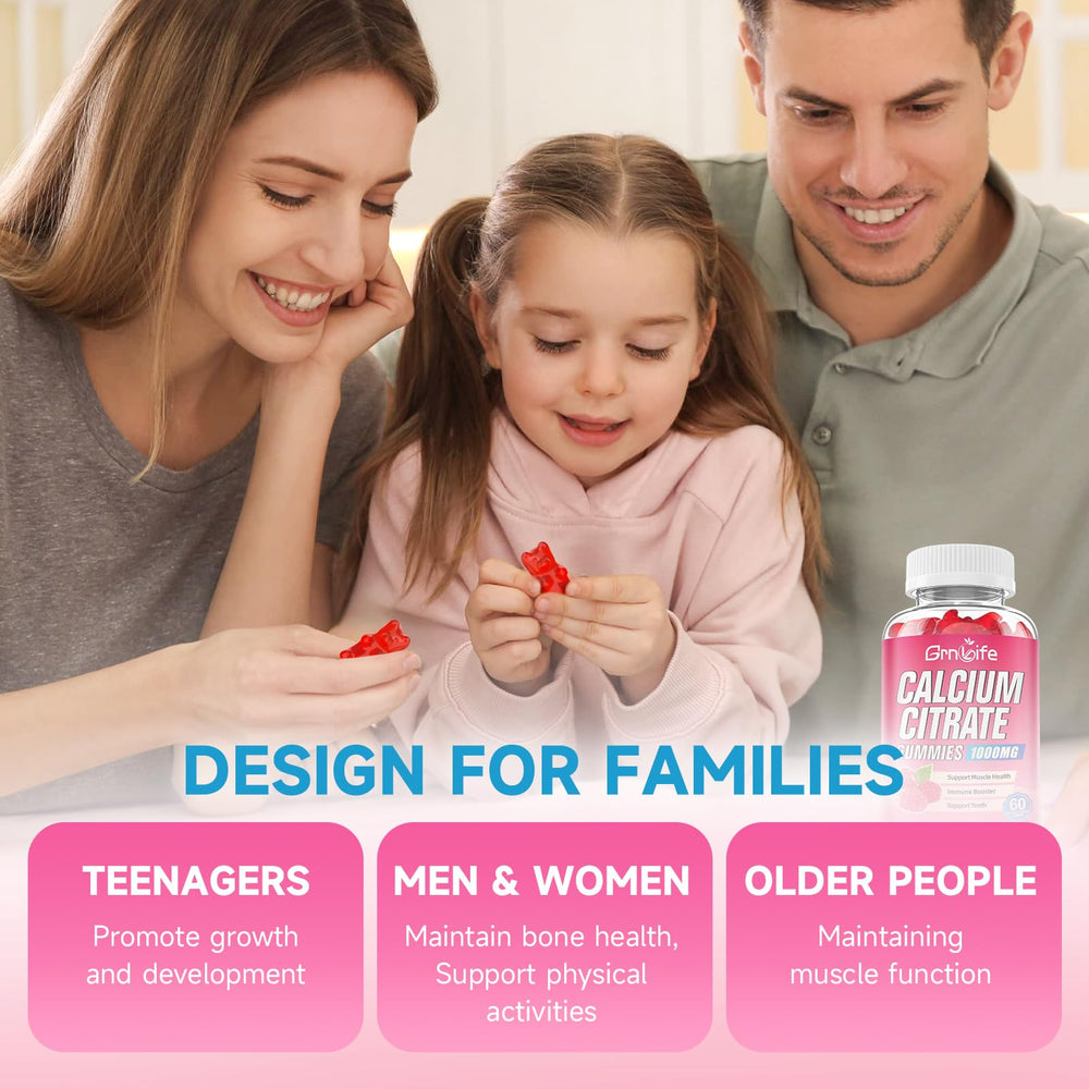 GrnLife calcium citrate gummies close-up of ingredients label for absorption-focused calcium.