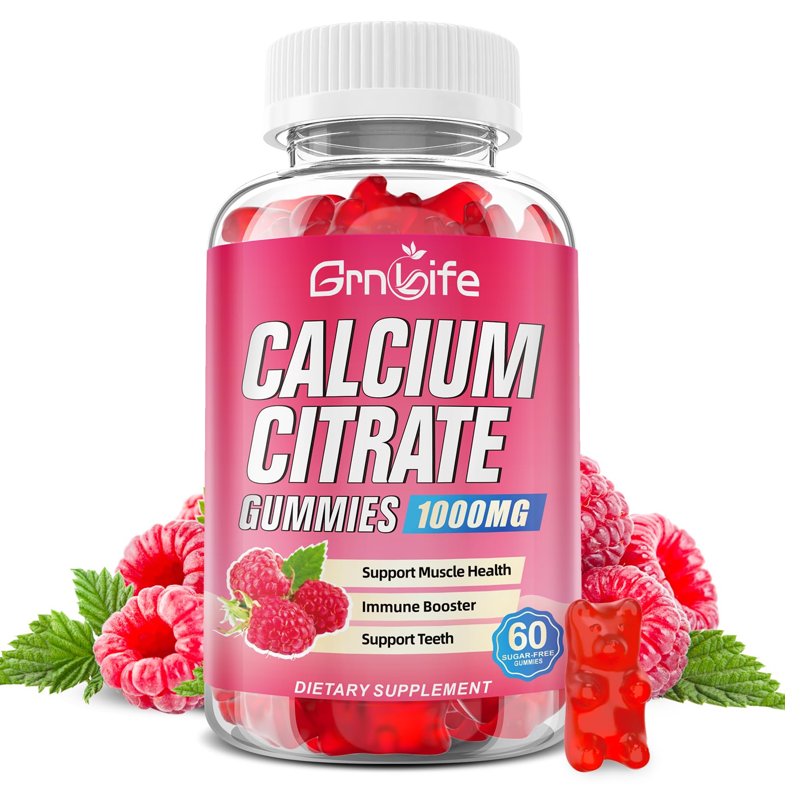 GrnLife Calcium Citrate Gummies raspberry bottle for easy daily calcium support.