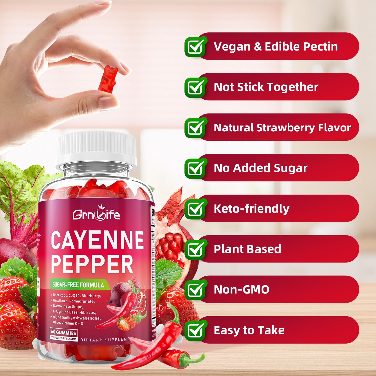 GrnLife Cayenne Beet Root Gummies label shows clear dosage and quality assurances.