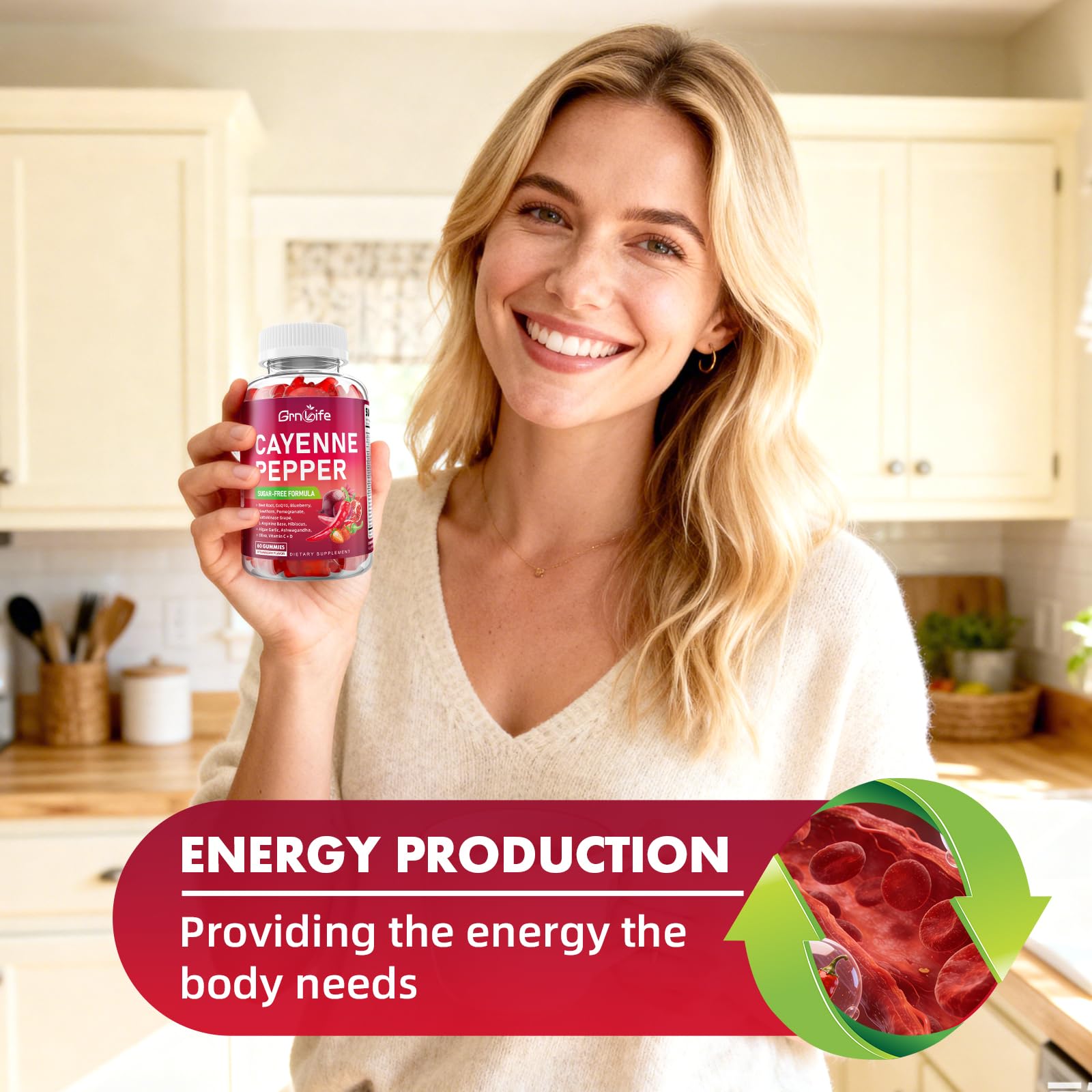 GrnLife Cayenne Beet Root Gummies pack highlights a 60-count bottle for monthly use.