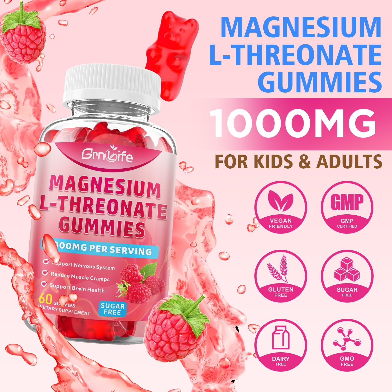 Raspberry flavor GrnLife gummies showcased for flavor appeal.