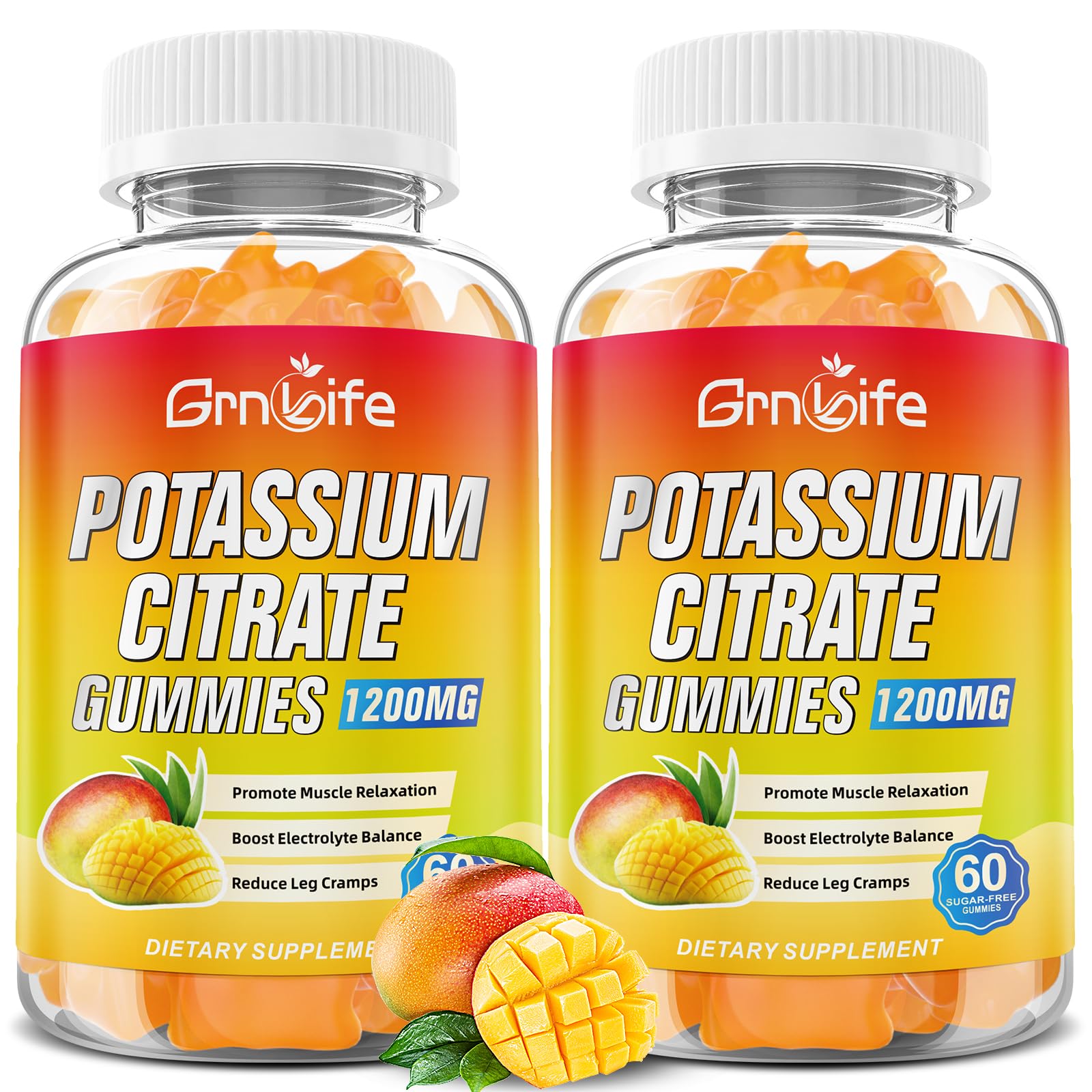 GrnLife potassium citrate gummies bottle with mango flavor for adults and kids, supporting muscle function