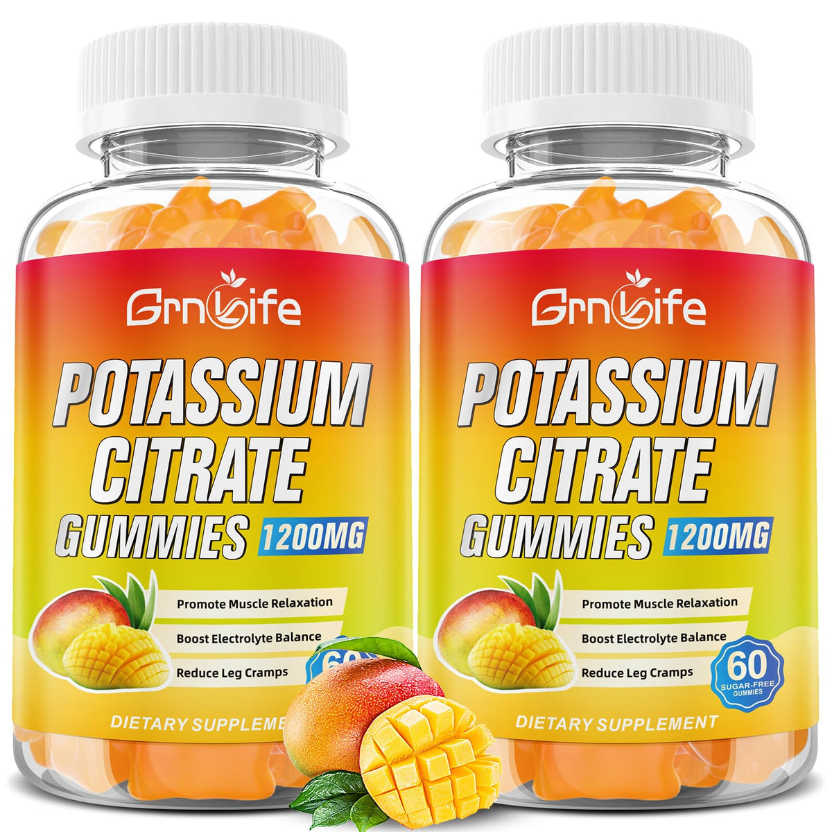 GrnLife potassium citrate gummies bottle with mango flavor for adults and kids, supporting muscle function