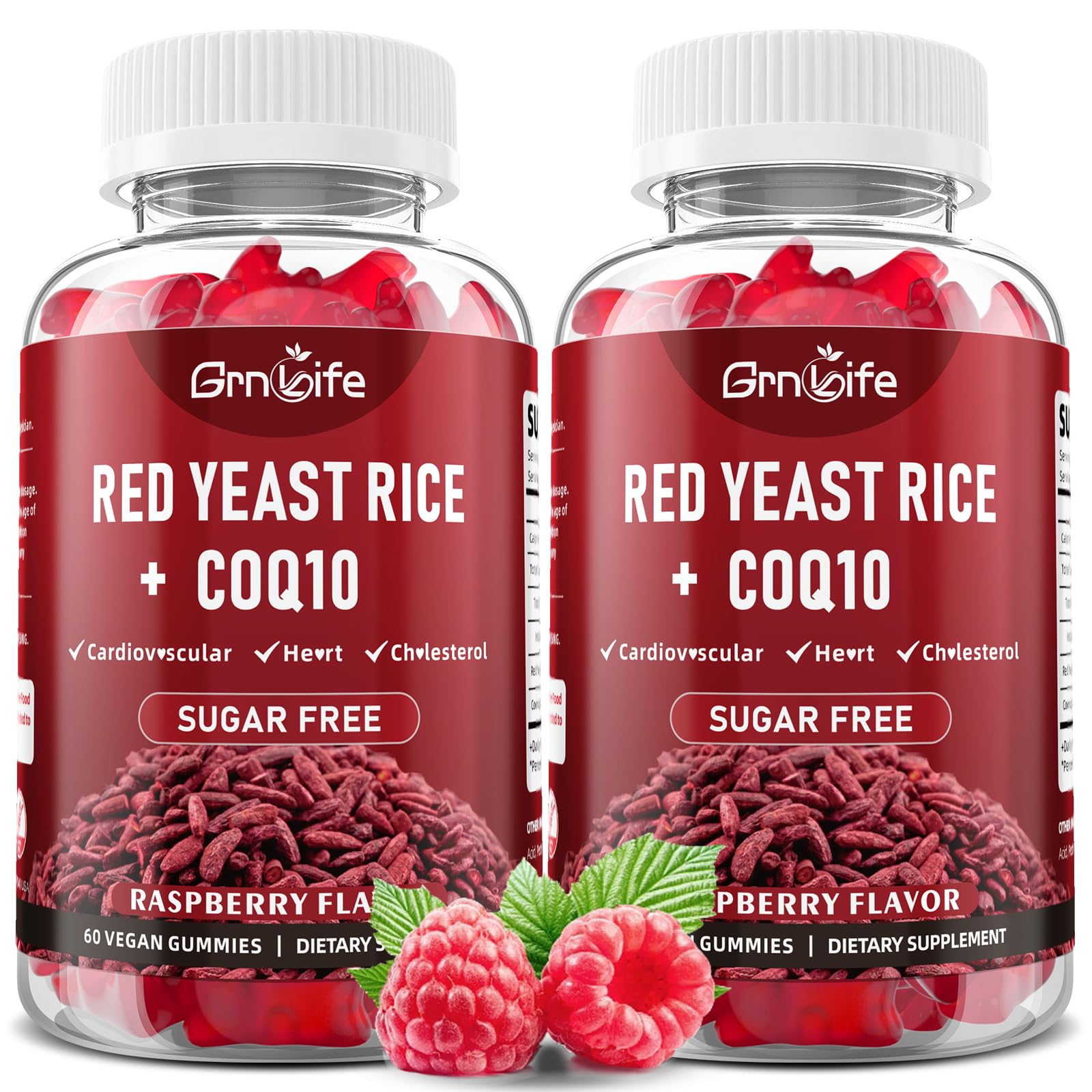 GrnLife red yeast rice CoQ10 gummies raspberry bottle front for daily wellness.