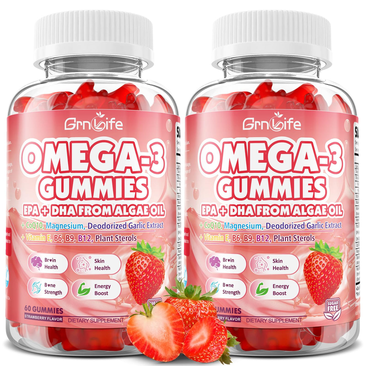 GrnLife vegan omega-3 gummies bottle front, two-pack for easy daily intake