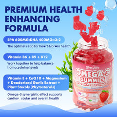 GrnLife vegan omega-3 gummies strawberry flavor close-up, tasty daily supplement