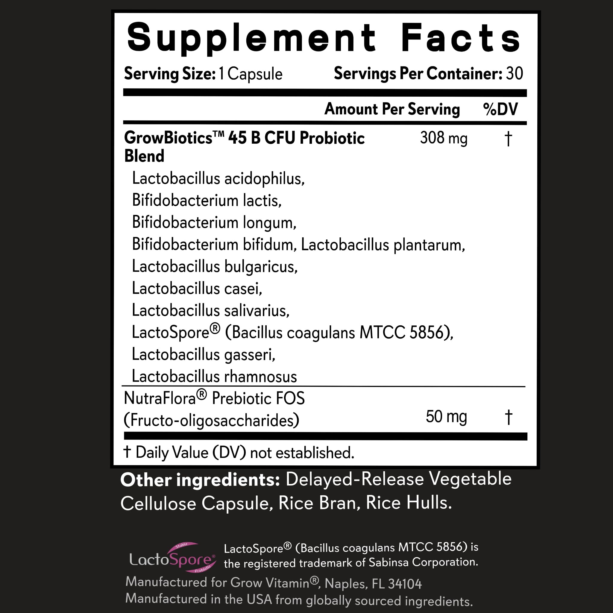 GrowBiotics dairy-free gluten-free label for allergen-conscious option