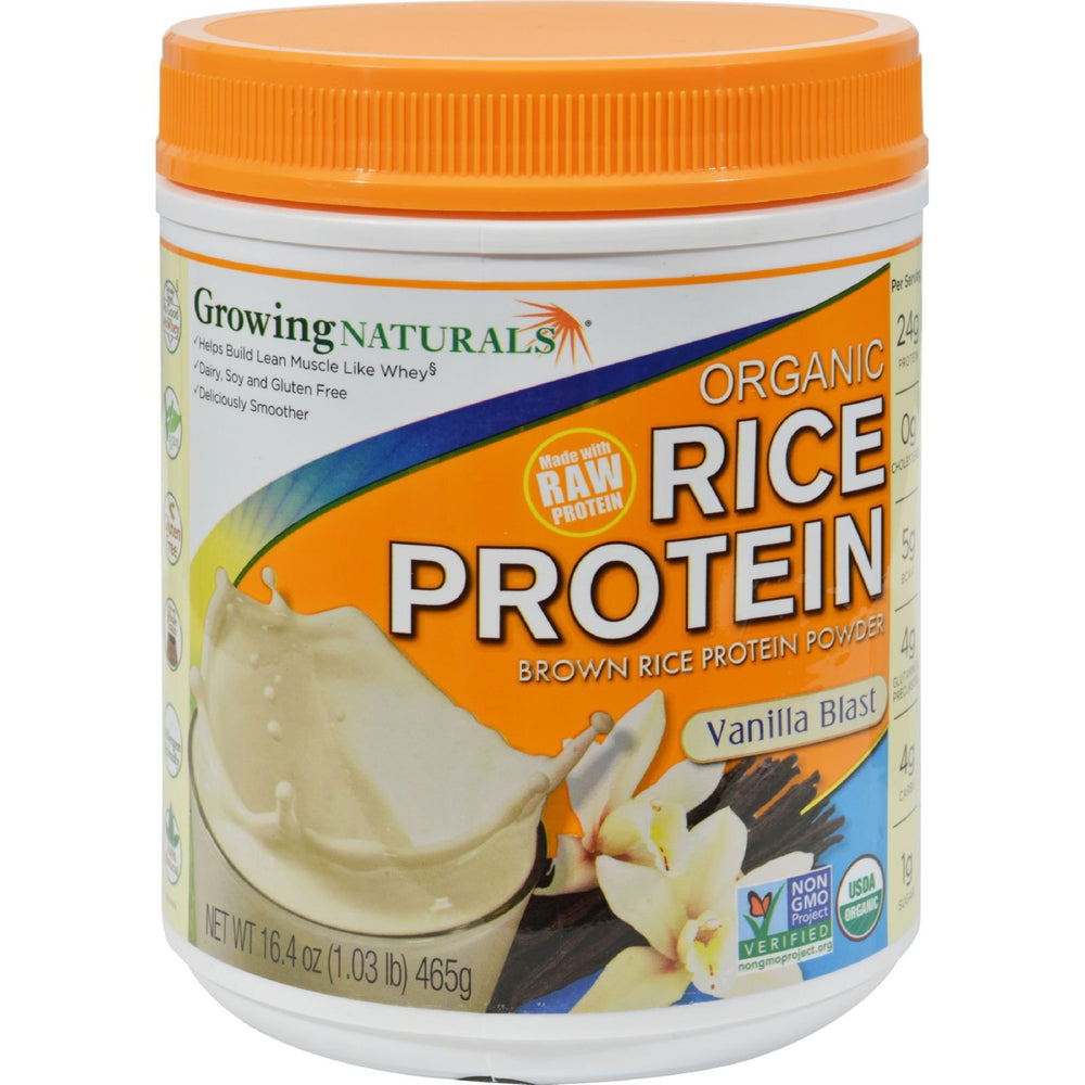 Growing Naturals Organic Rice Protein Vanilla bottle for vegan protein and sustained energy