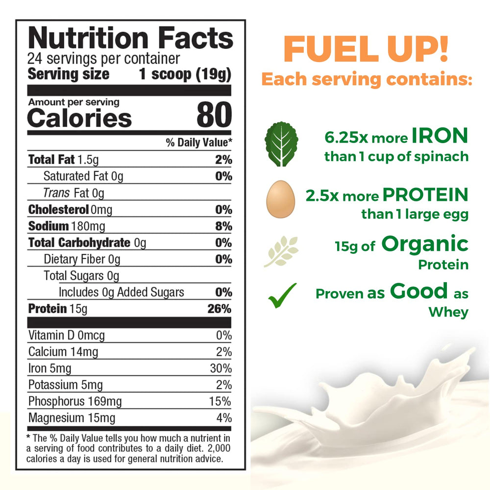 Growing Naturals pea protein scoop on countertop, convenient daily protein boost
