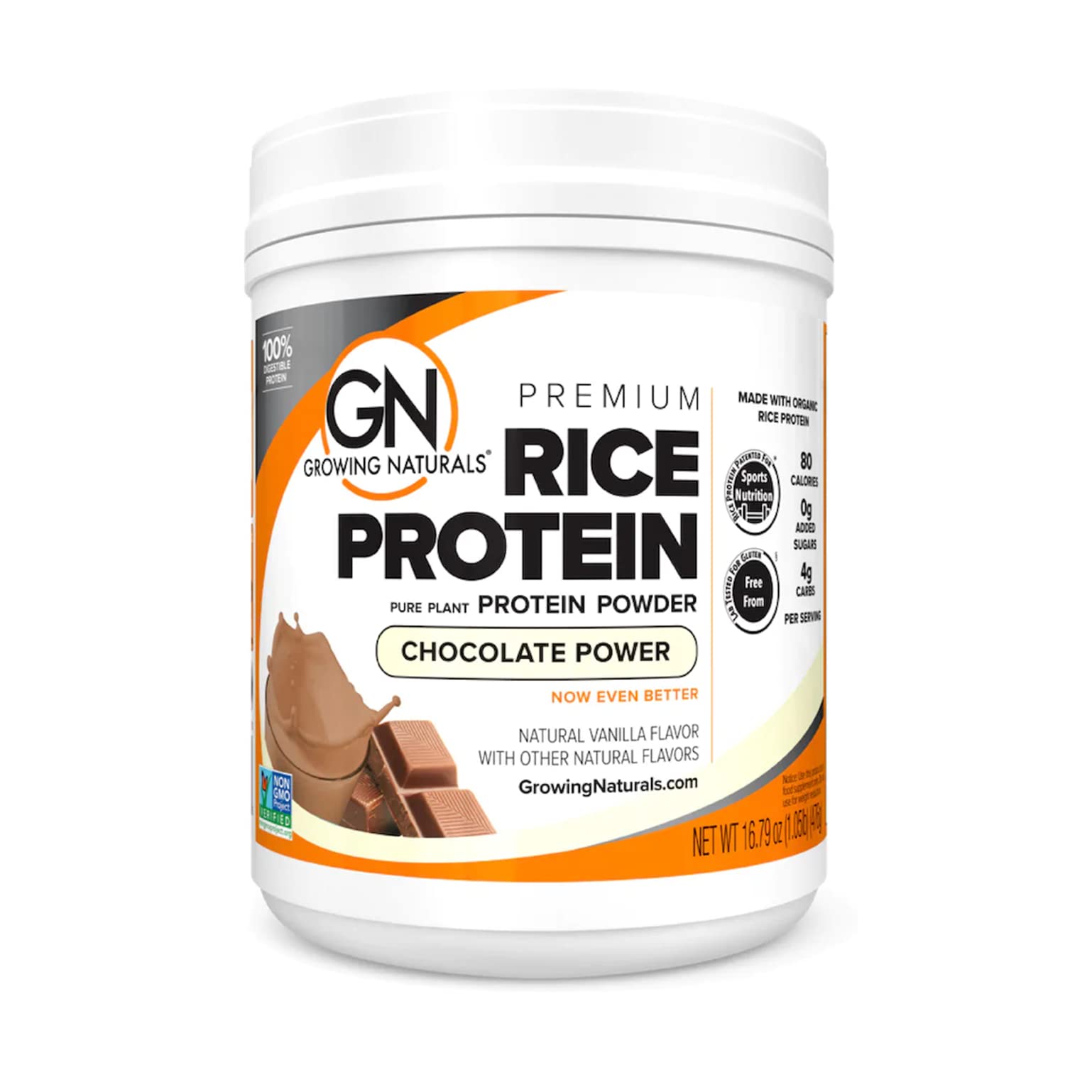 Growing Naturals rice protein chocolate tub for shakes and smoothies.
