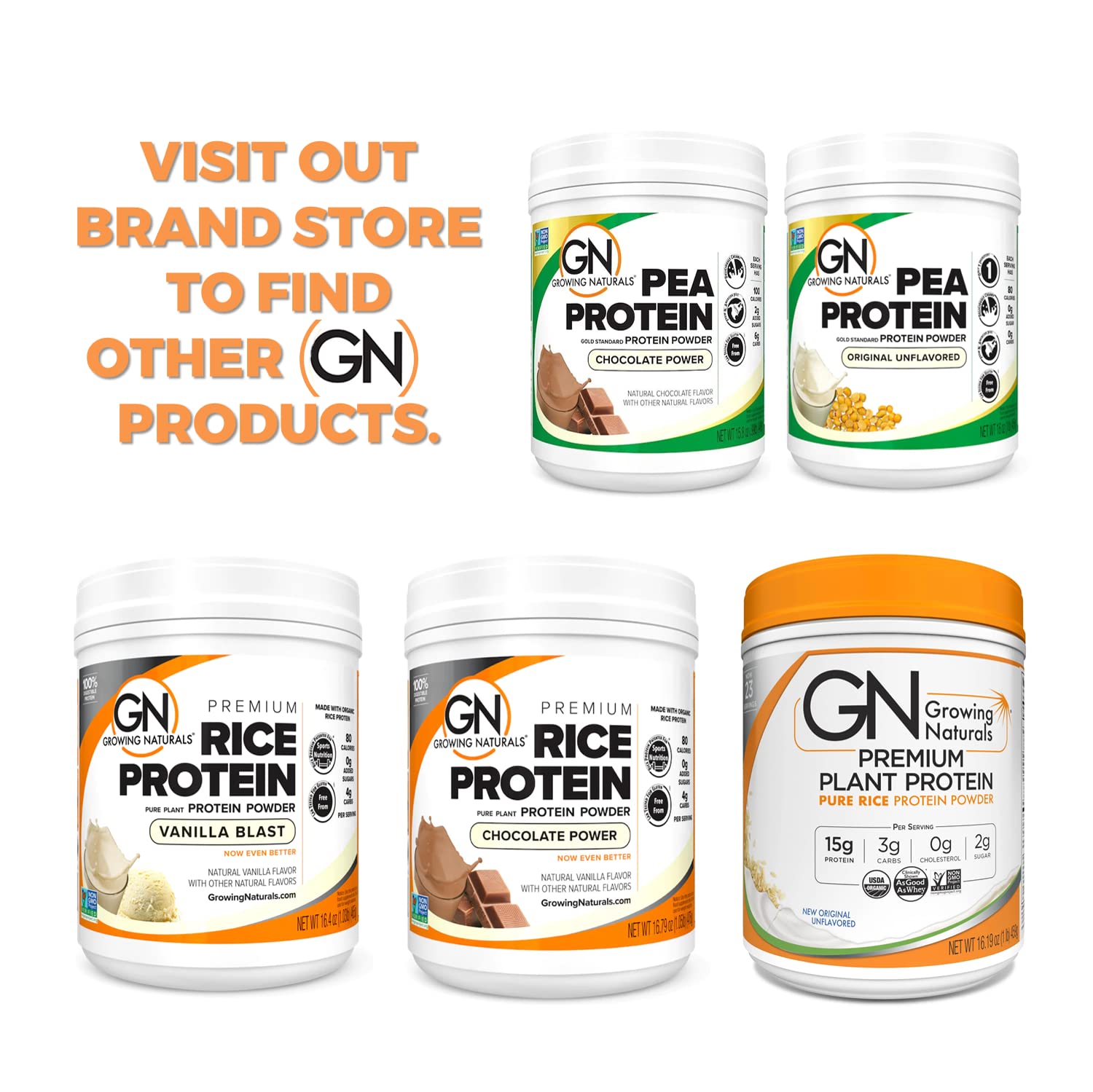 Growing Naturals rice protein ingredients non GMO badge emphasizes clean plant protein