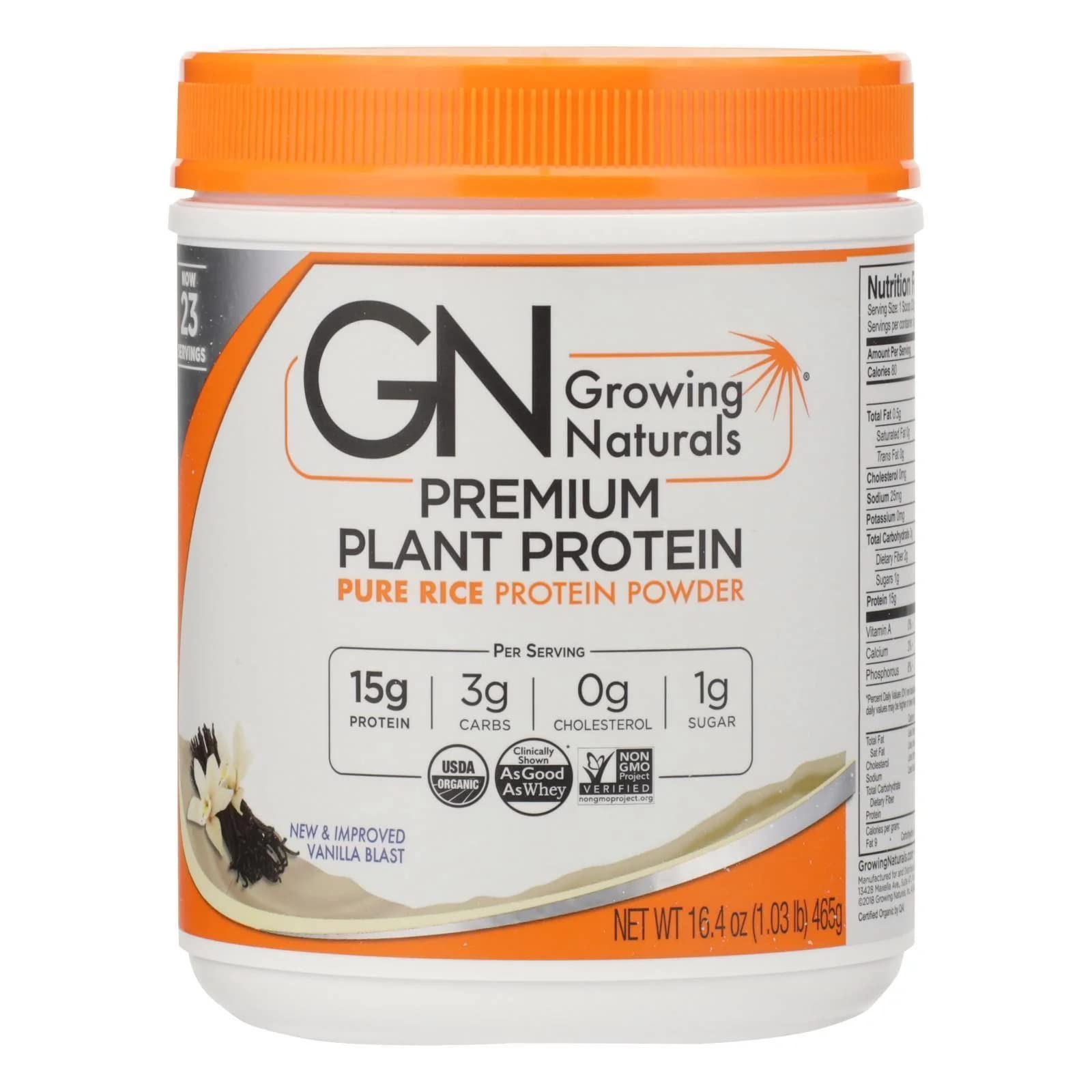 Growing Naturals Rice Protein Isolate Vanilla powder container highlighting smooth flavor