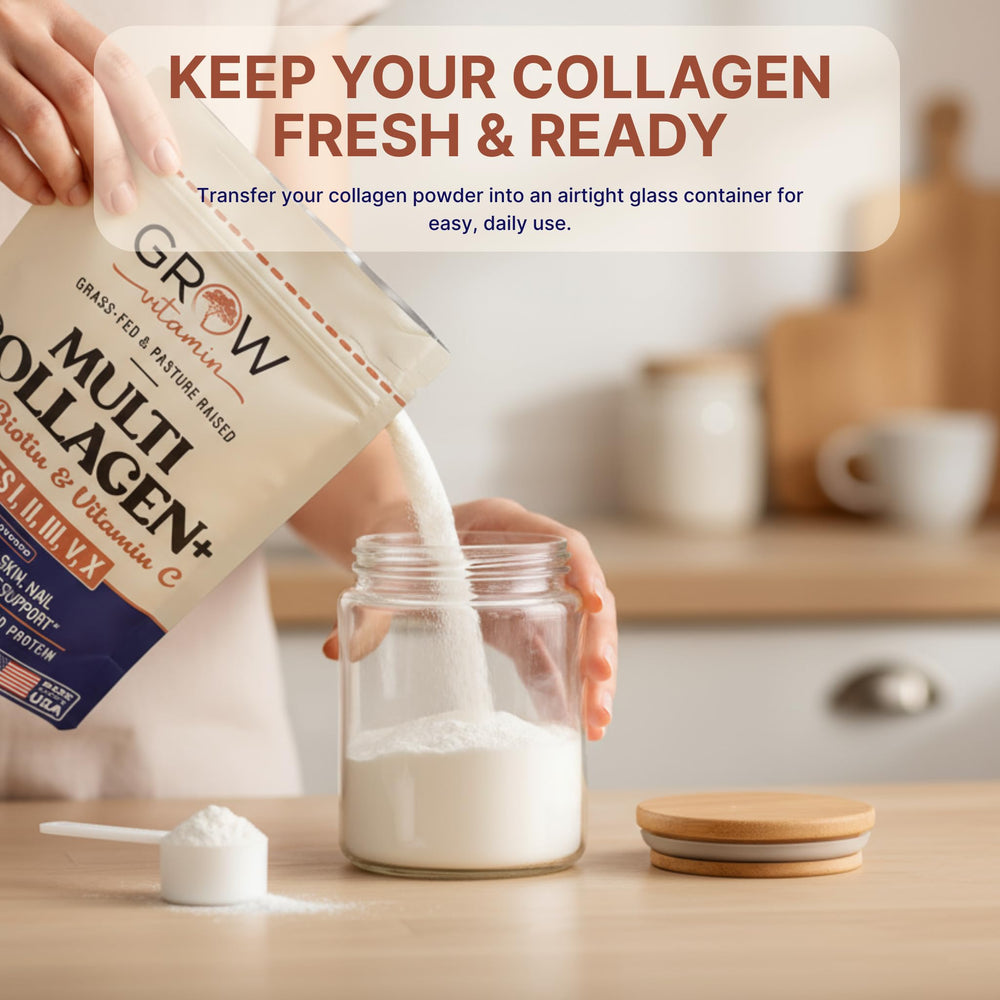 Grow Vitamin Collagen dissolving in water in a clear glass