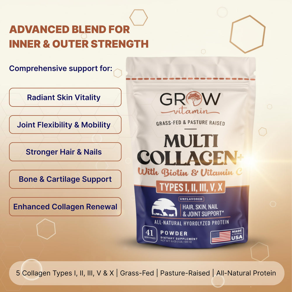 Grow Vitamin Hydrolyzed Collagen Peptides bottle close-up highlighting premium ingredients