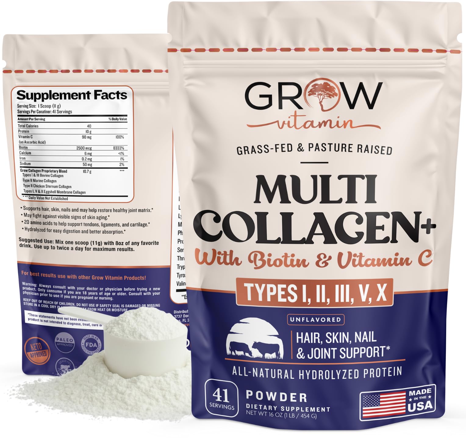 Grow Vitamin Collagen Powder tub front with hydrolyzed peptides for daily skin glow