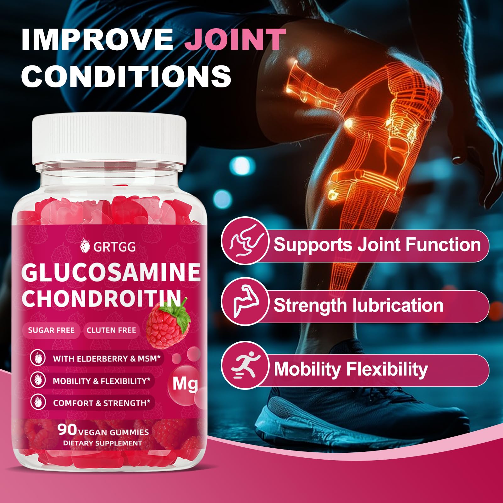 GRTGG close-up of chewable gummies for joint comfort.