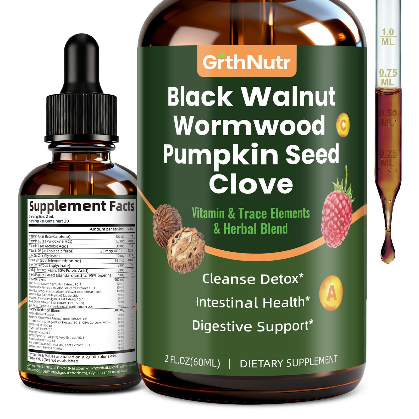 GrthNutr Black Walnut Wormwood Tincture bottle for gentle daily cleansing routine.