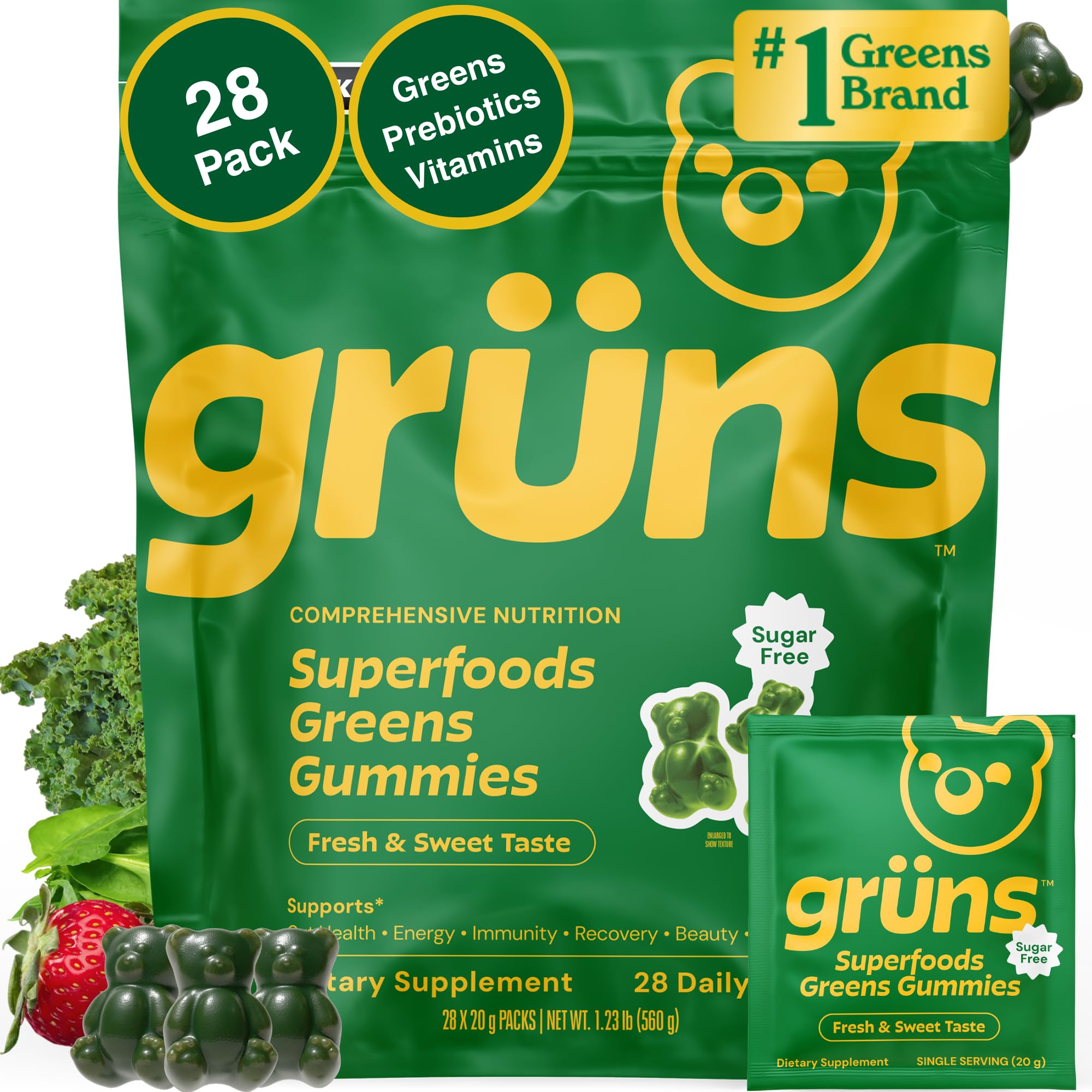 Grüns adult sugar-free super greens gummies in strawberry pack promote daily wellness and energy.