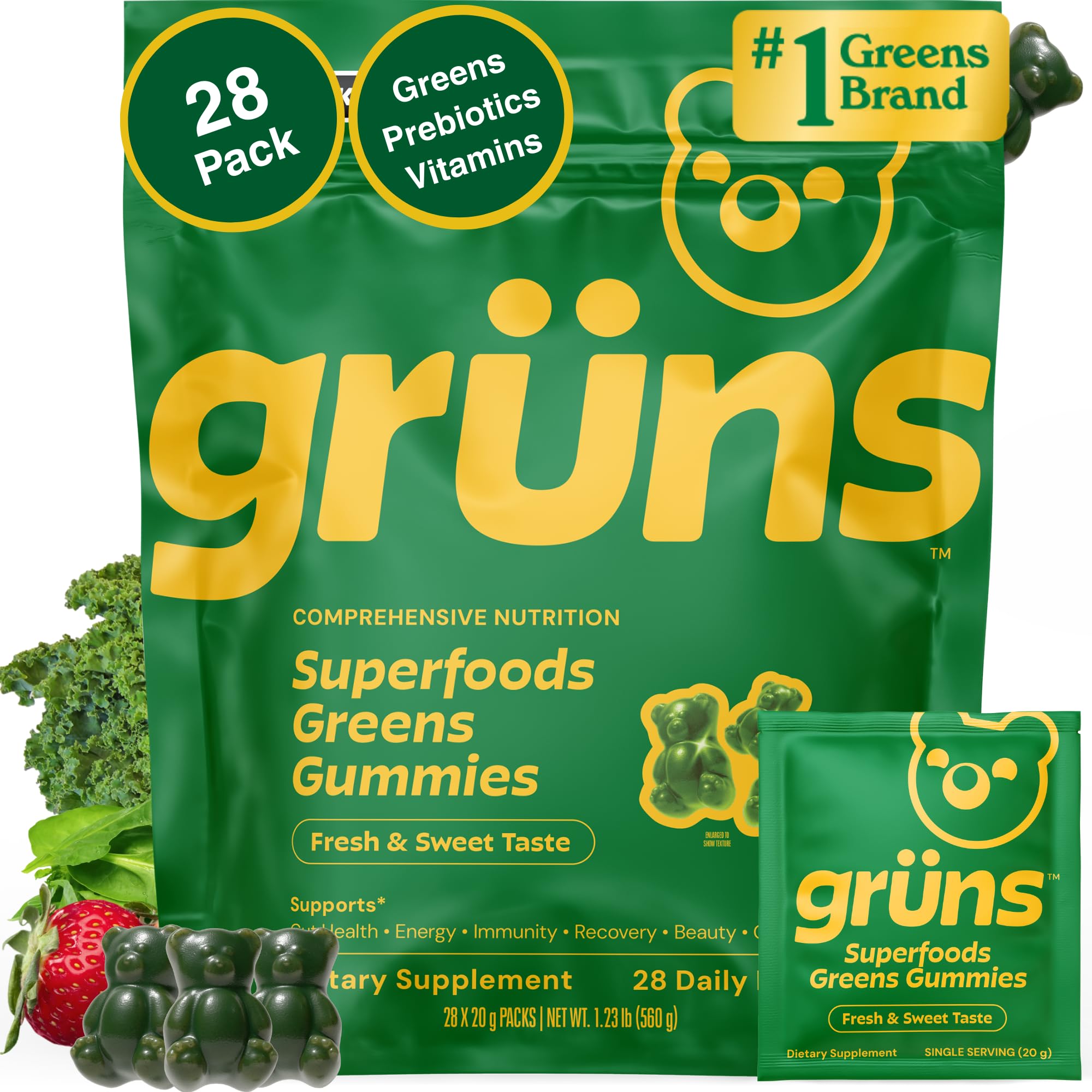 Grüns Adults Super Greens gummies bottle showing colorful vitamins for daily energy.