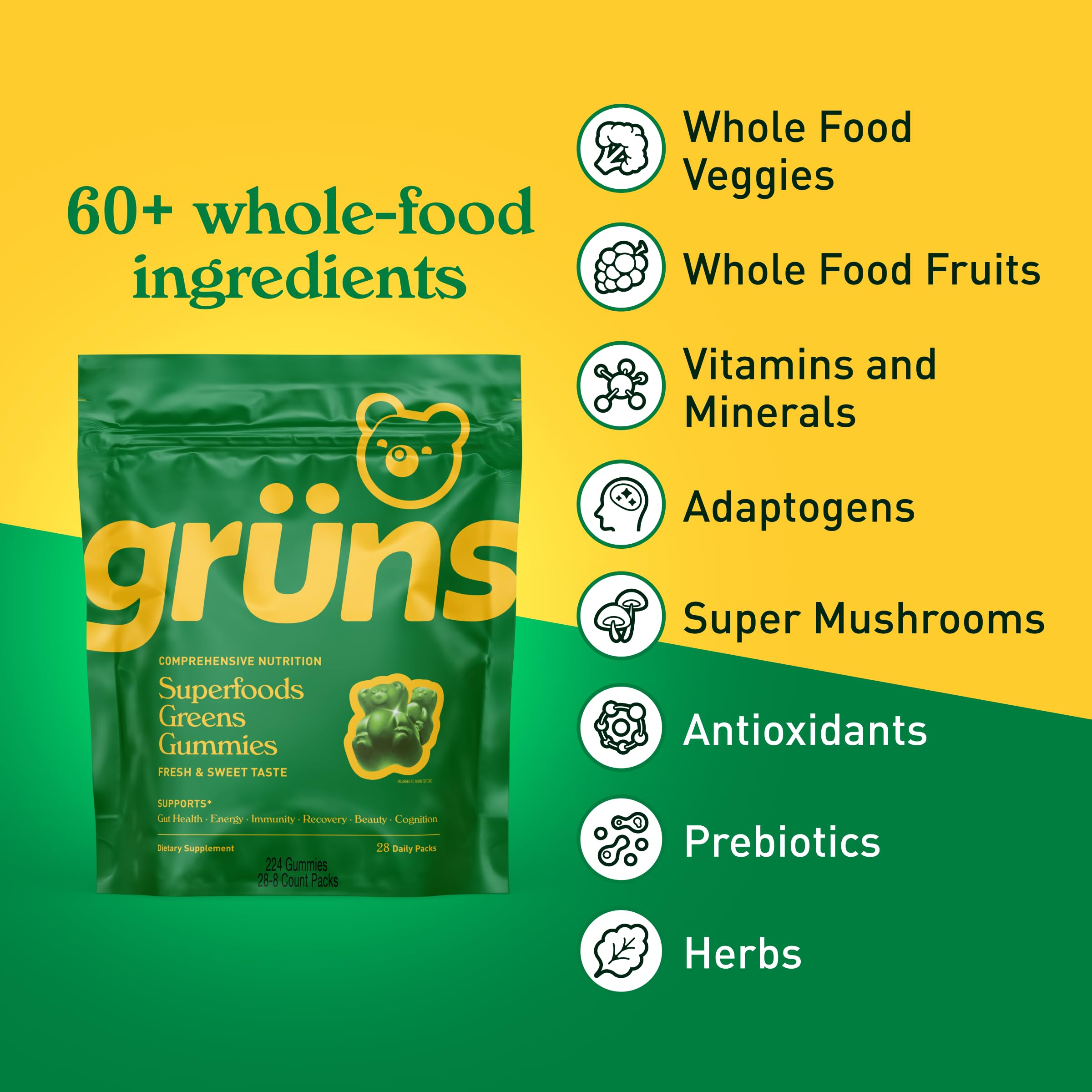 Grüns Adults Super Greens gummies pack for convenient on-the-go daily nutrition.