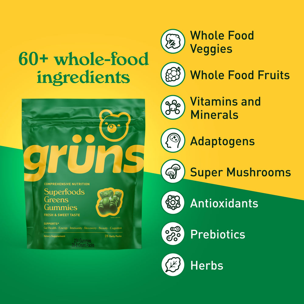 Grüns Adults Super Greens gummies pack for convenient on-the-go daily nutrition.