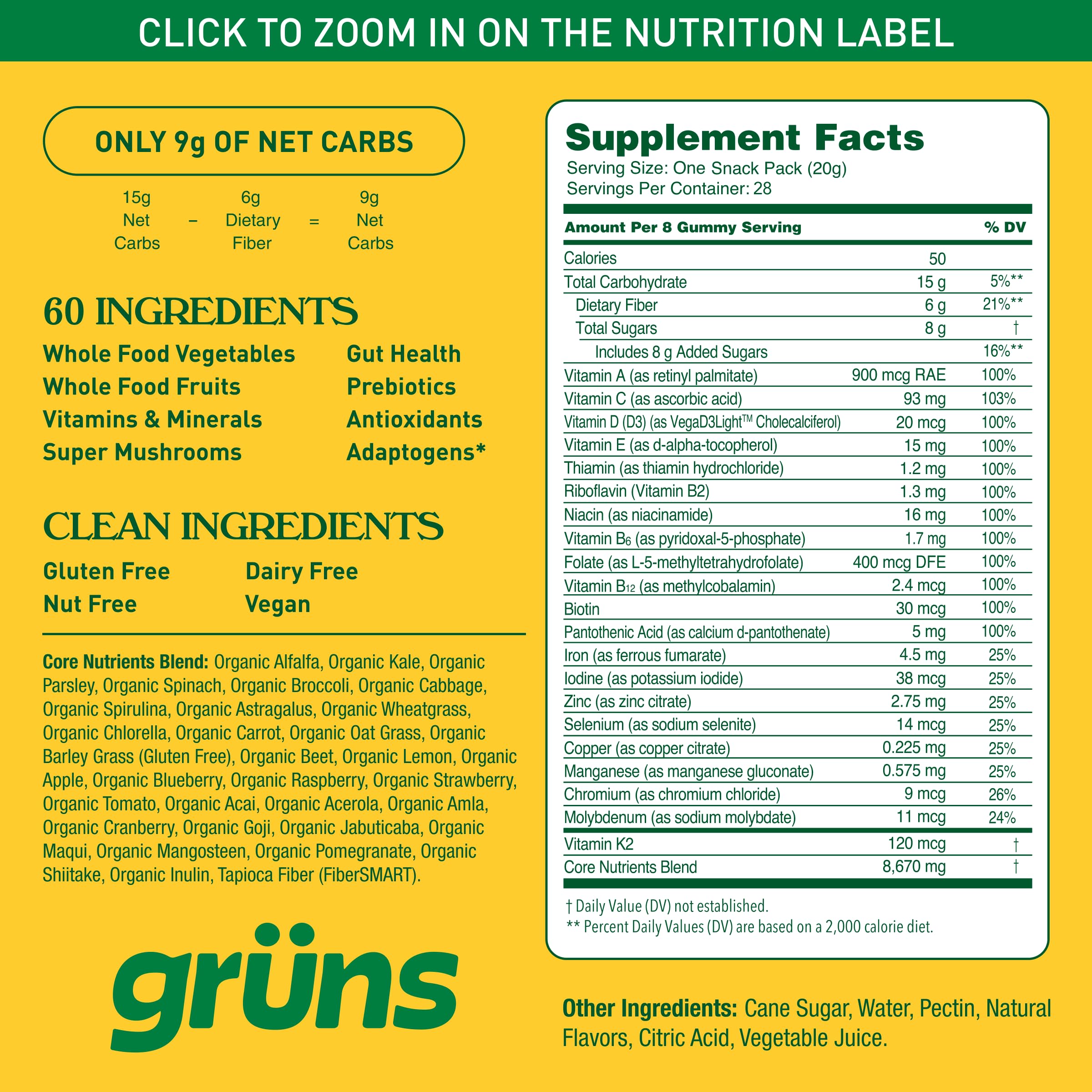 Grüns third-party tested badge on packaging for quality assurance.