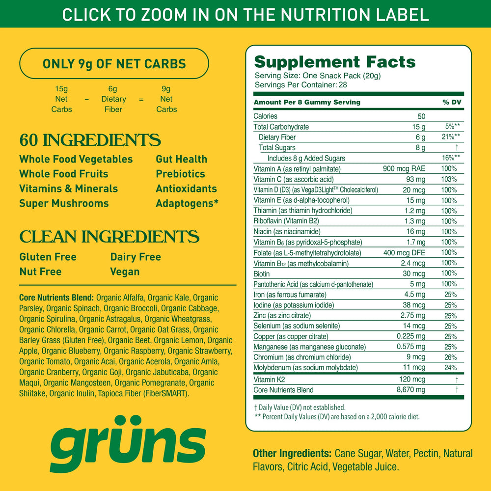 Grüns third-party tested badge on packaging for quality assurance.