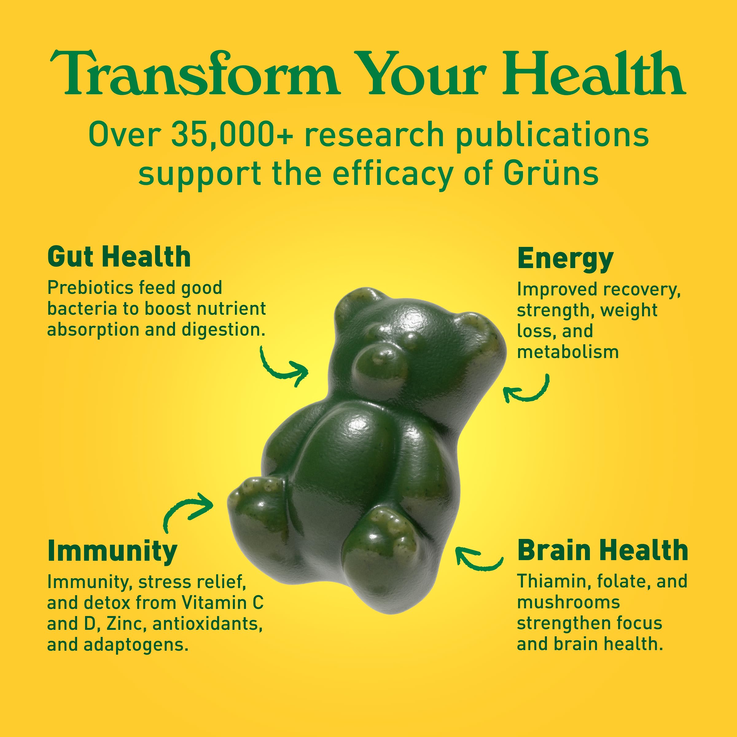 Grüns vegan gluten-free gummies display plant-based nutrition.