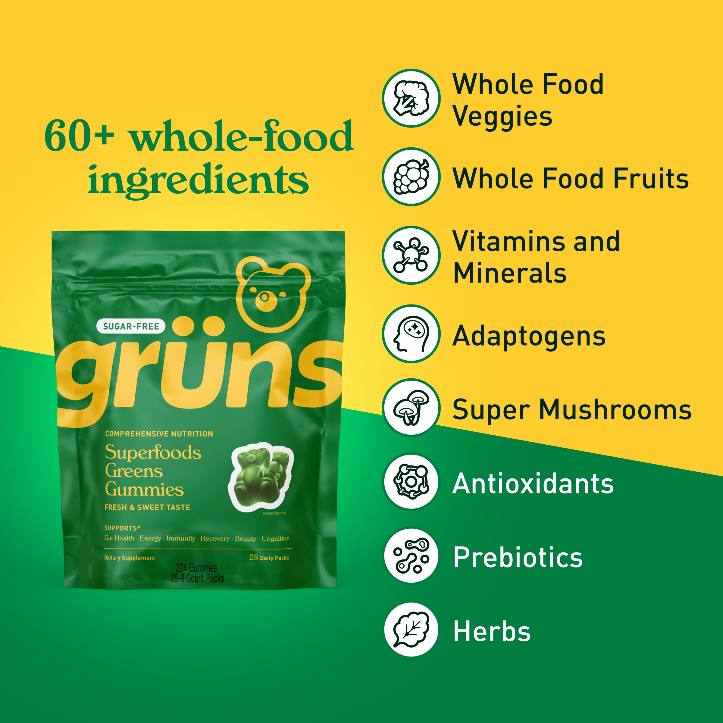 Grüns gummies methylated vitamins close-up highlight easy absorption and complete nutritional support.