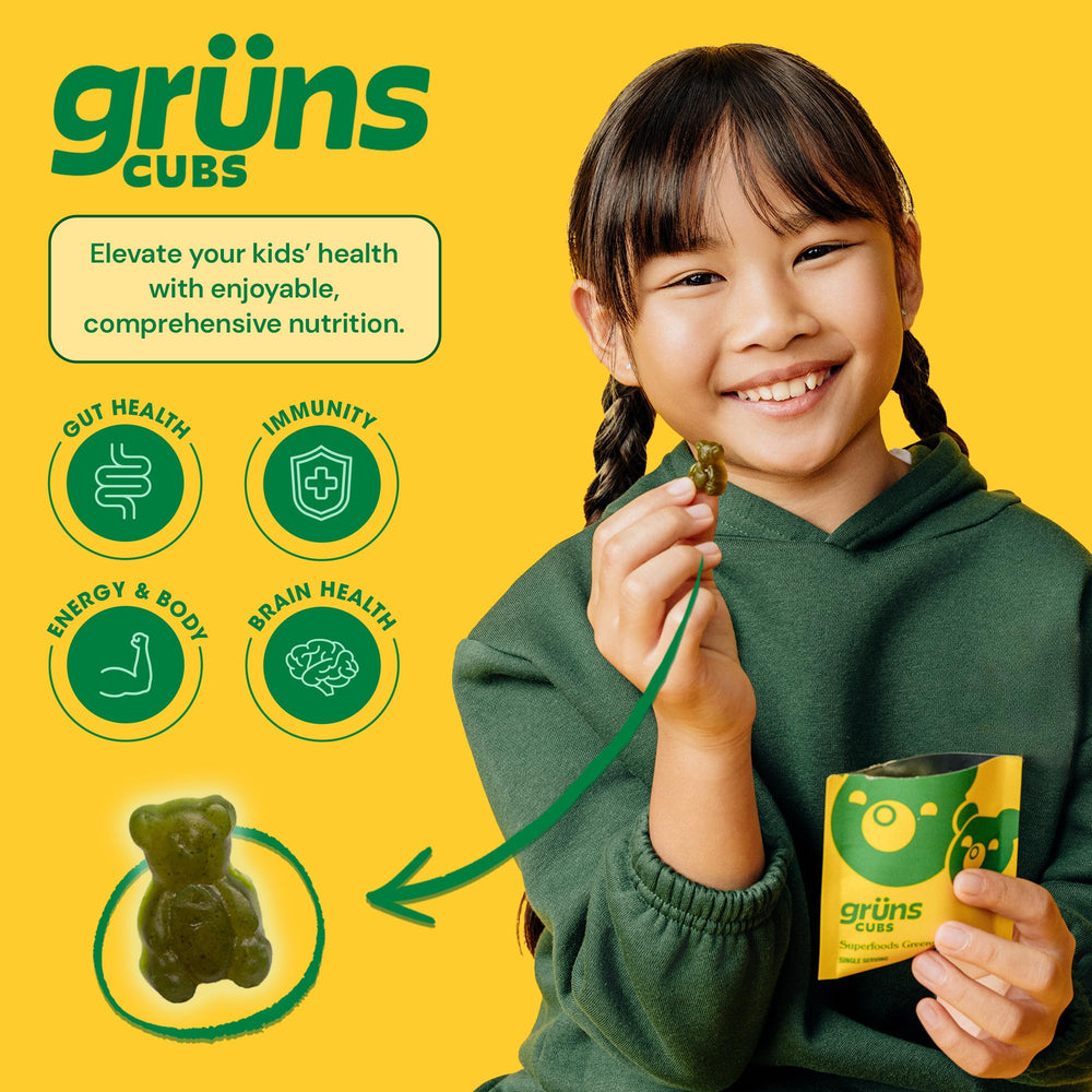 Grüns ingredients label highlights 20+ vitamins and minerals for balanced nutrition.