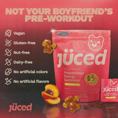 Grüns Juced electric peach gummies pack highlights tasty caffeine balance for steady focus.