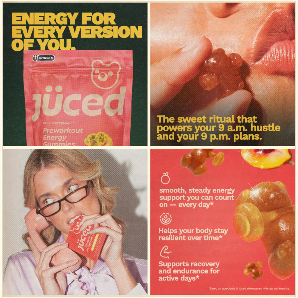 Grüns Juced electric peach gummies texture closeup shows chewy bite and natural flavor.