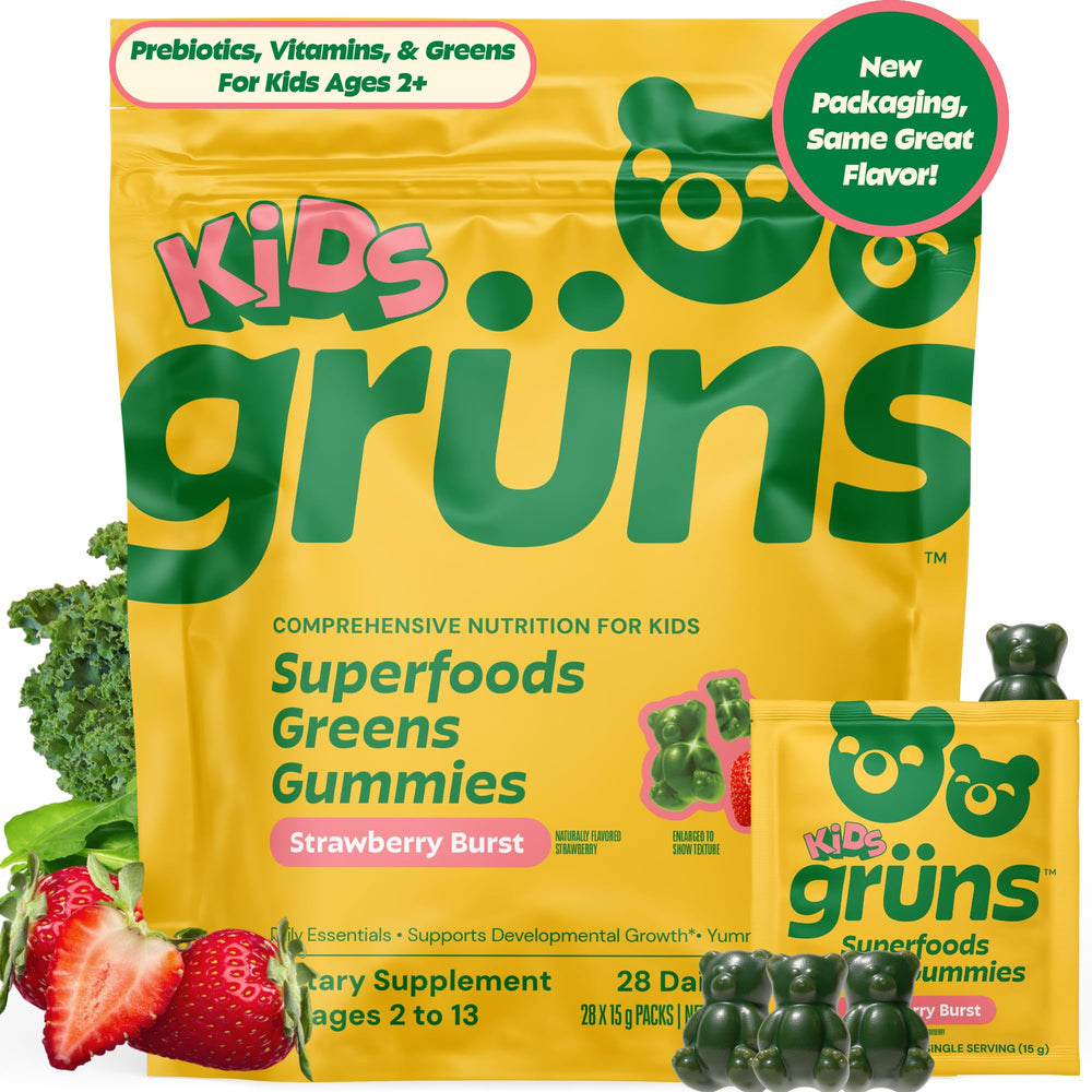 Grüns kids multivitamin gummies bottle for on-the-go daily nutrition.