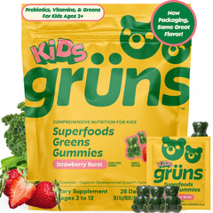 Grüns kids multivitamin gummies bottle for on-the-go daily nutrition.