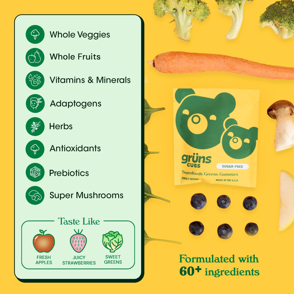 Grüns 60-ingredient formula illustration showing broad nutrition for growing kids.