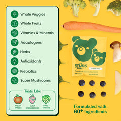 Grüns 60-ingredient formula illustration showing broad nutrition for growing kids.