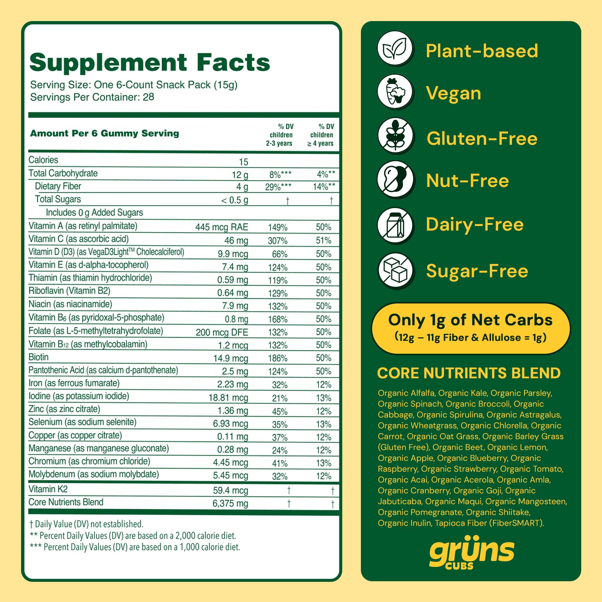 Grüns methylated vitamins snippet on bottle label, optimized absorption for growing bodies.