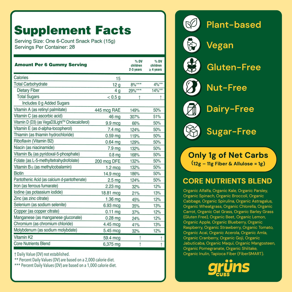 Grüns methylated vitamins snippet on bottle label, optimized absorption for growing bodies.