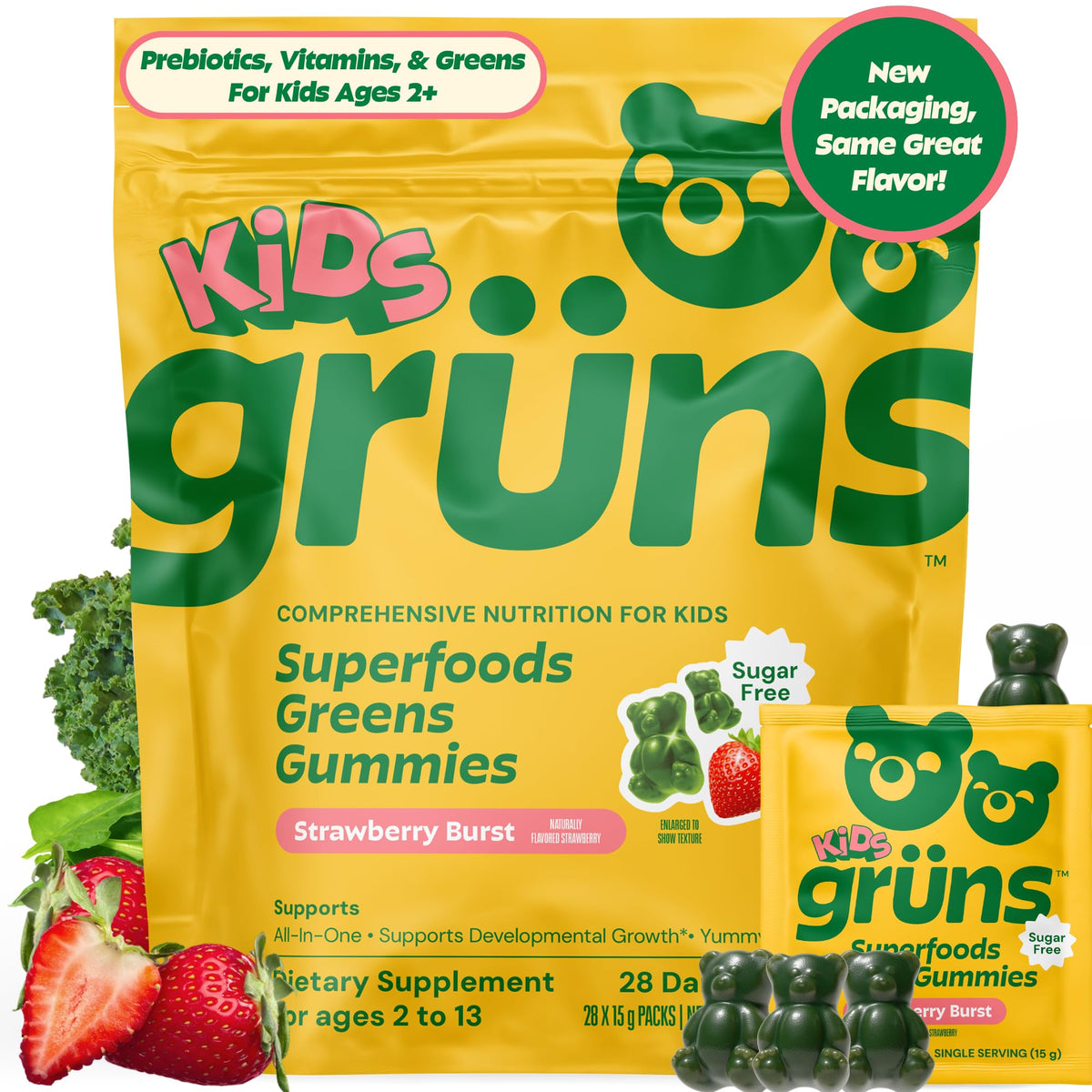 Grüns multivitamin kids strawberry gummy bears on bottle, tasty daily nutrition for active children.