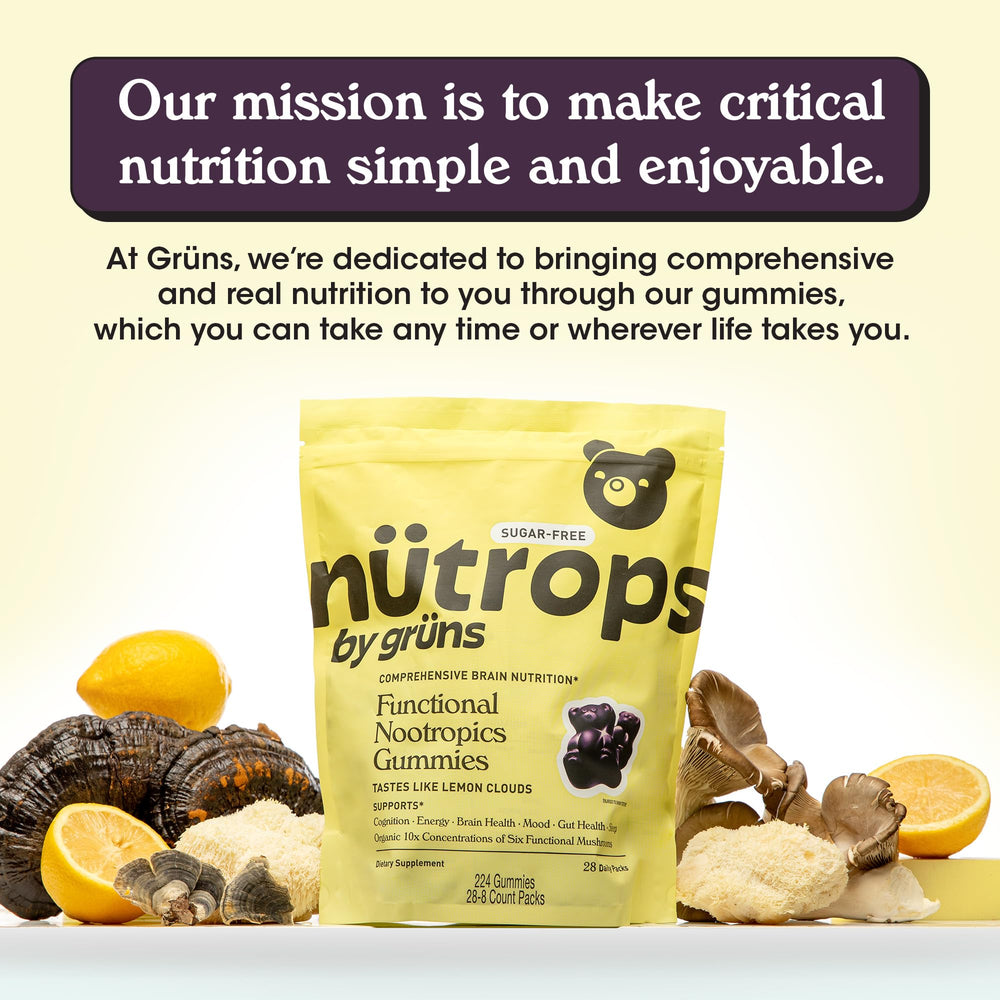 Grüns Nutrops gummy pack on desk ready for focus during work.