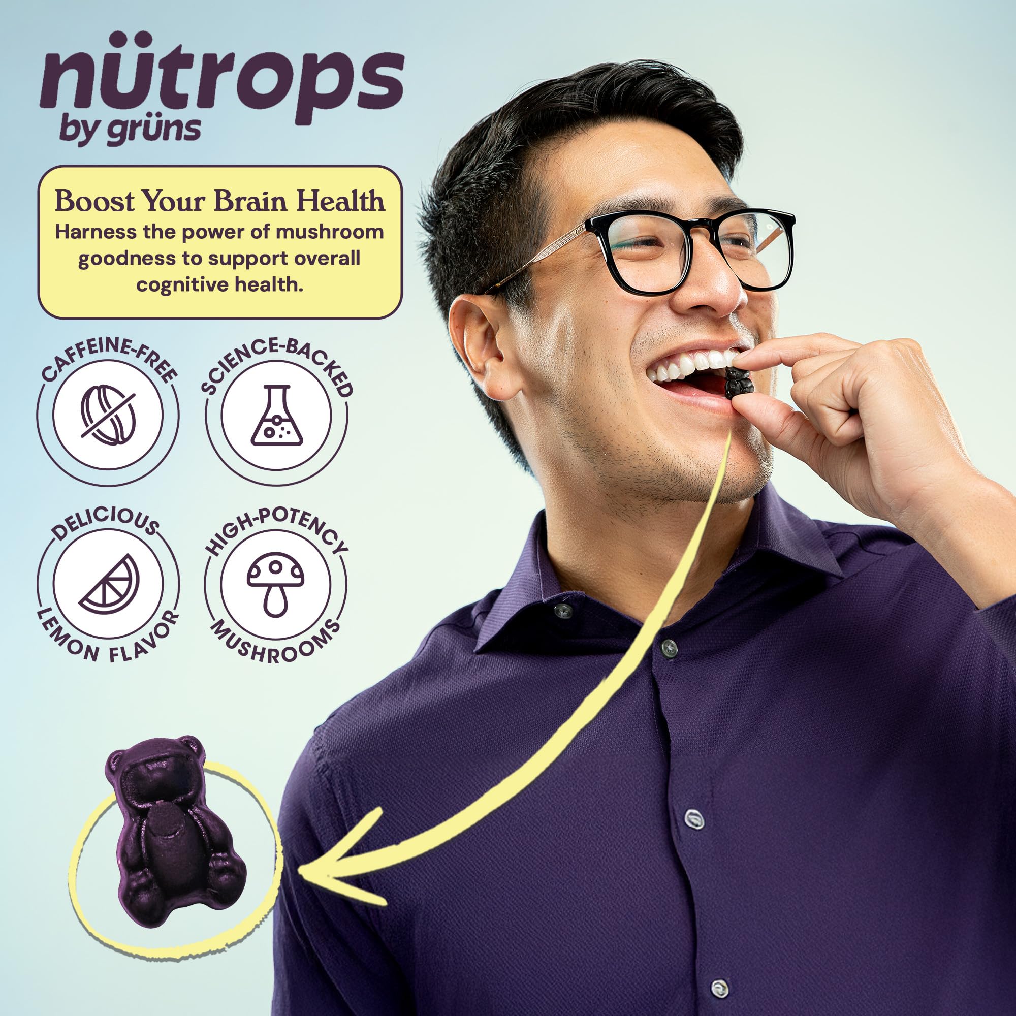 Grüns Nutrops packaging front highlighting convenient daily dose for travel.